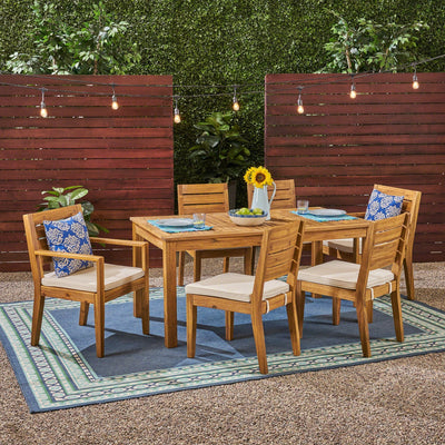 Outdoor 6-Seater Acacia Wood Expandable Dining Set with Cushions,Sandblasted Natural and Beige