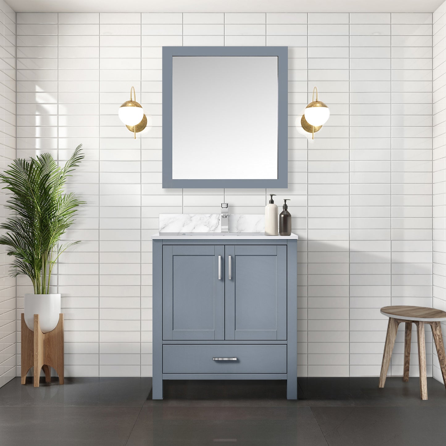 Dark Grey Bath Vanity 30 in. W x 22 in. D, Carrara Marble Top, and 28 in. Mirror