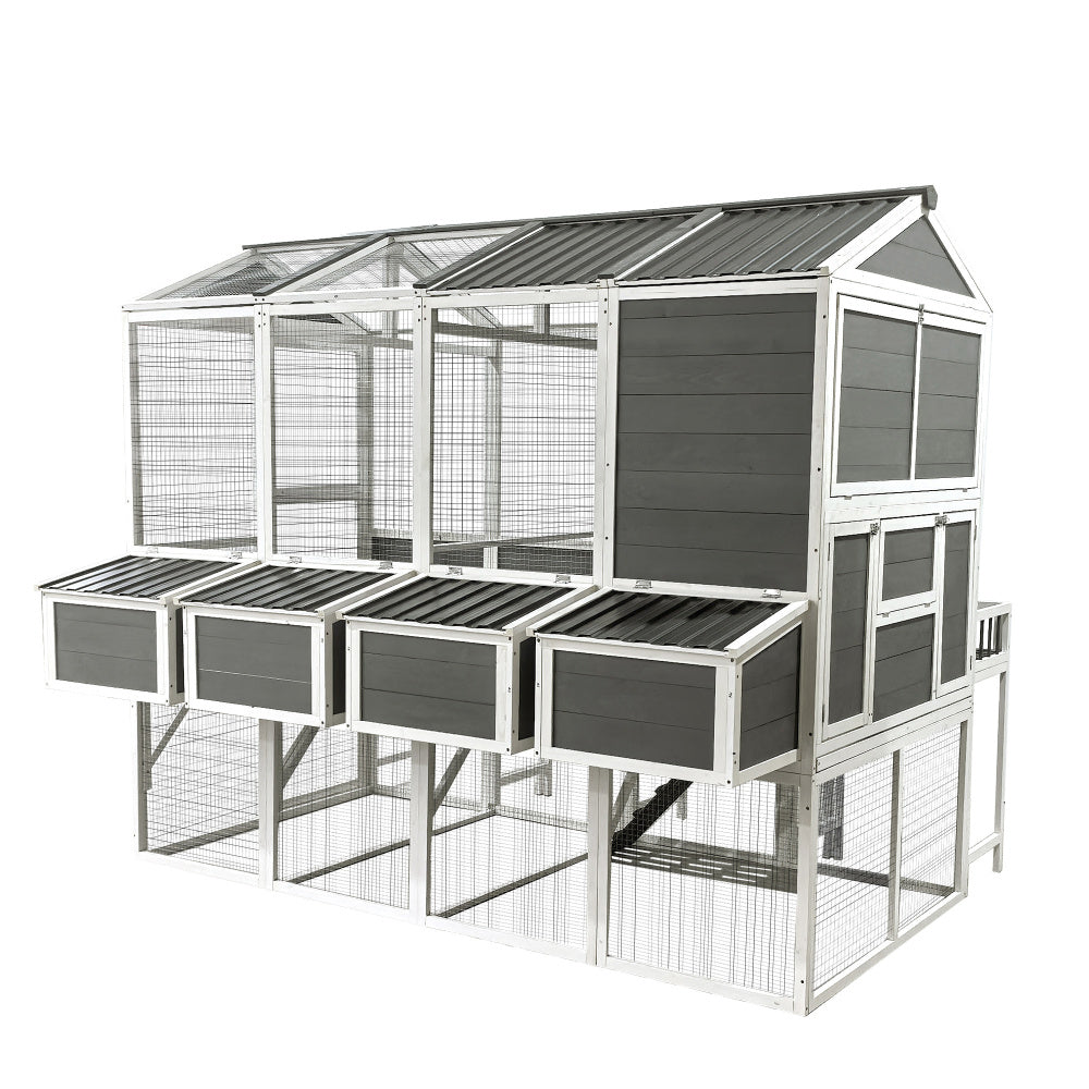 Chicken Coop with Chicken Run, Chicken Coops for 10 Chickens Outdoor with Nesting Boxes , Wooden Walk-in Chicken House with Pull Out Trays , Garden Backyard Cage (95''X80''X83'')