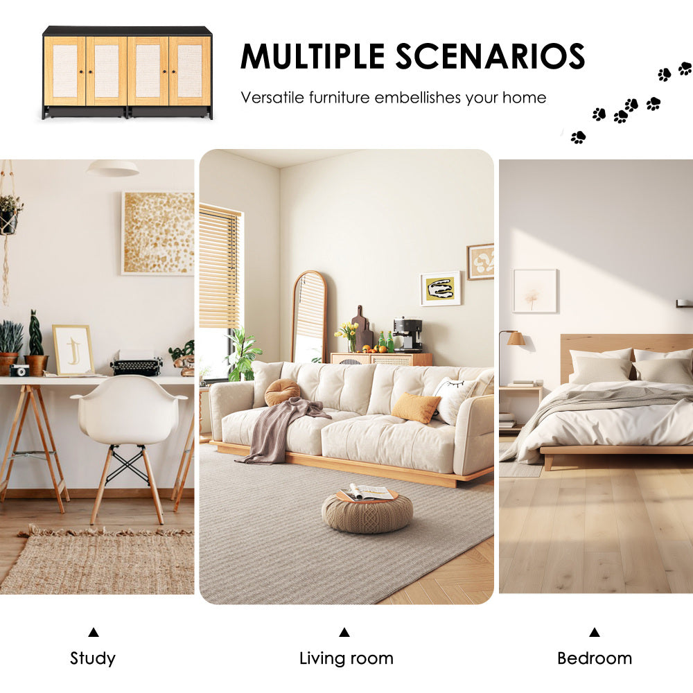 Double Litter Box Enclosure,Cat Litter Box Enclosure for 2 Cats, Hidden Litter Box Furniture with Rattan Doors, 47" L x 19.8" W x 21.8" H,Black