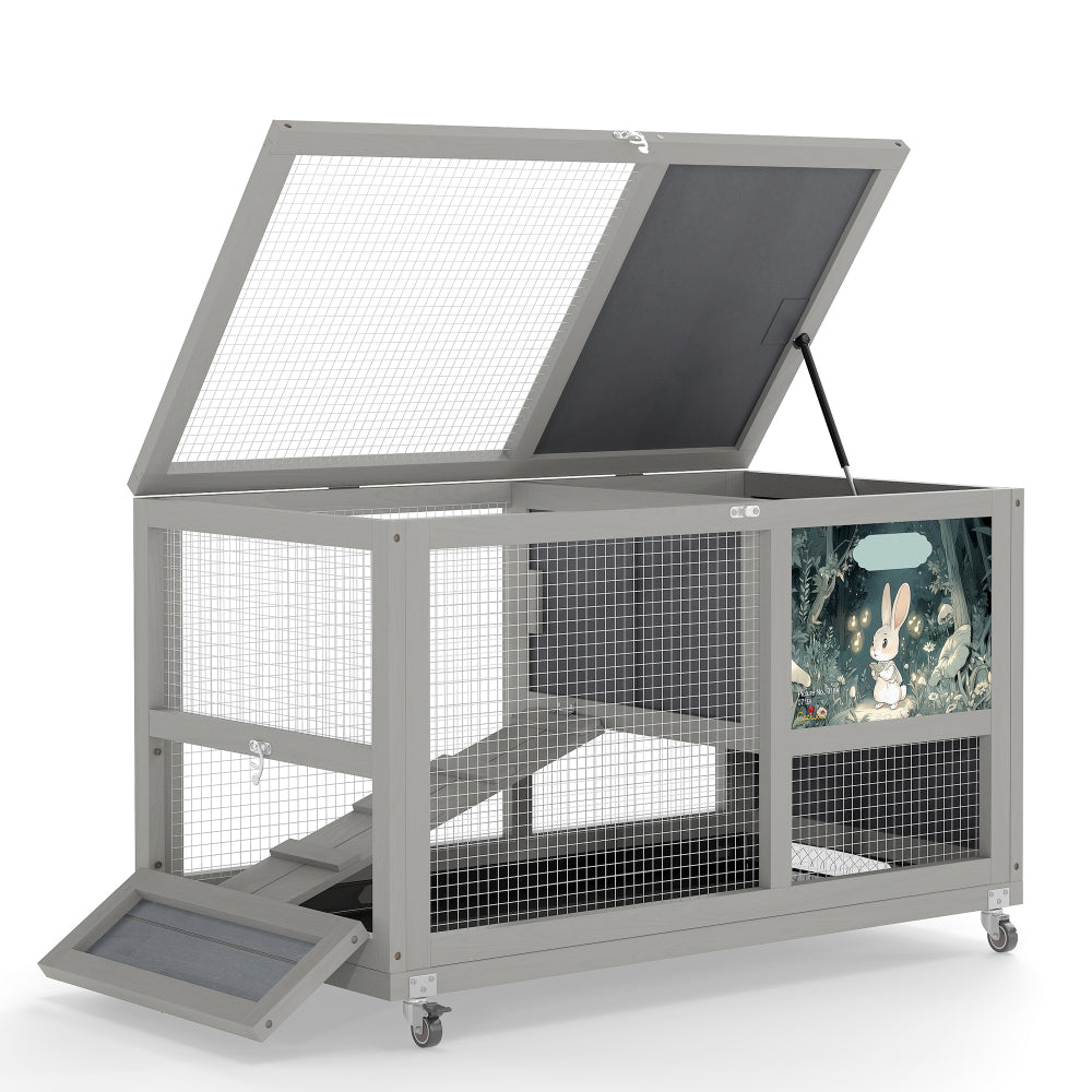 2-Tier Bunny Hutch, Wood Rabbit Cage on Wheels with Openable Roof, Ramp, Easy-to-Clean Tray, Guinea Pig Pet House for Small Animals, Gray with Colorful Patterns