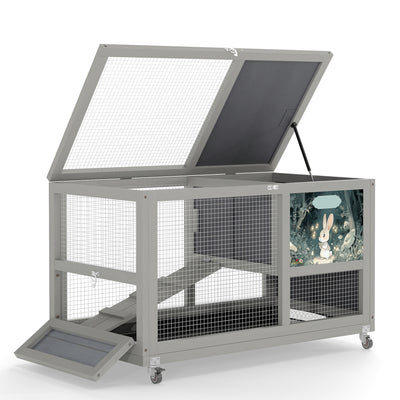 2-Tier Bunny Hutch, Wood Rabbit Cage on Wheels with Openable Roof, Ramp, Easy-to-Clean Tray, Guinea Pig Pet House for Small Animals, Gray with Colorful Patterns