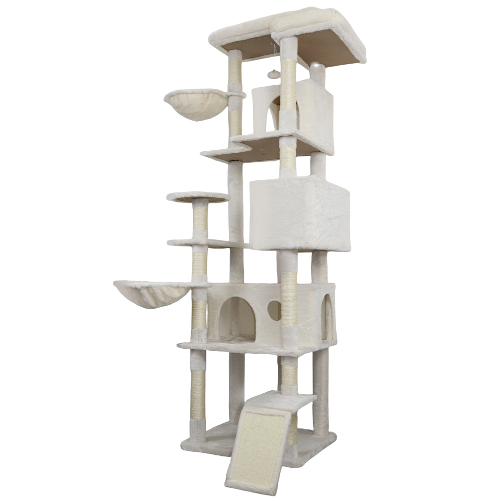 84 in Beige cat tree tower with large condo sisal scratching post big hammock and top platform