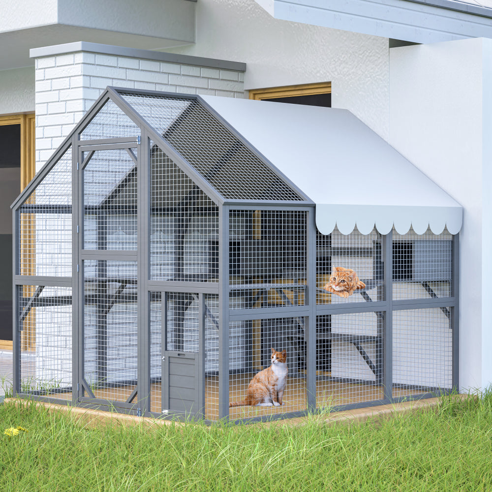 Extra Spacious Catio Outdoor Cat Haven, 110 inch Luxury Cattery with Weather-Resistant Roof, Cat Climbing Ramp, Space Pod Bed, 2 Lounging Huts