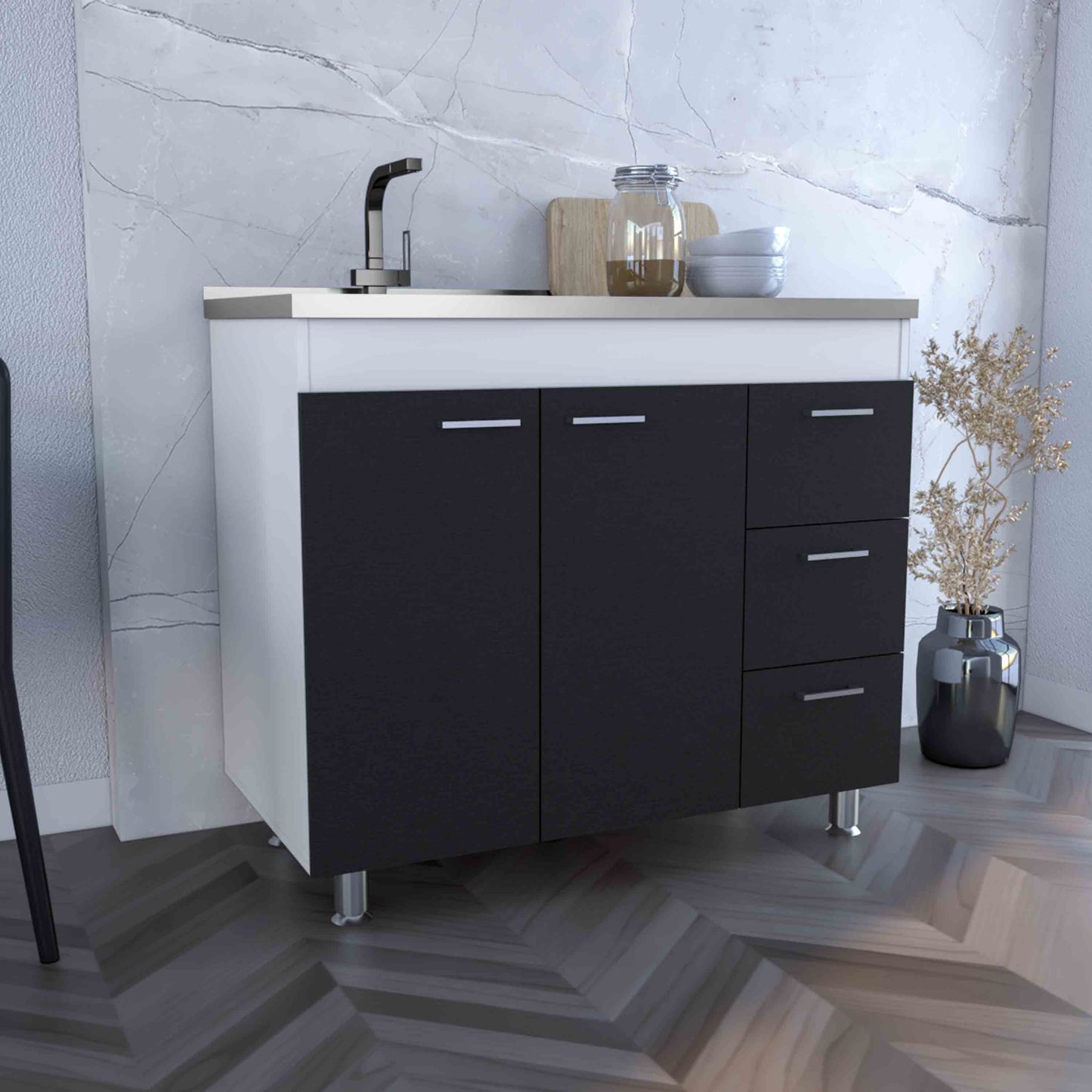 Base Double Door Cabinet, Three Drawers, White / Black