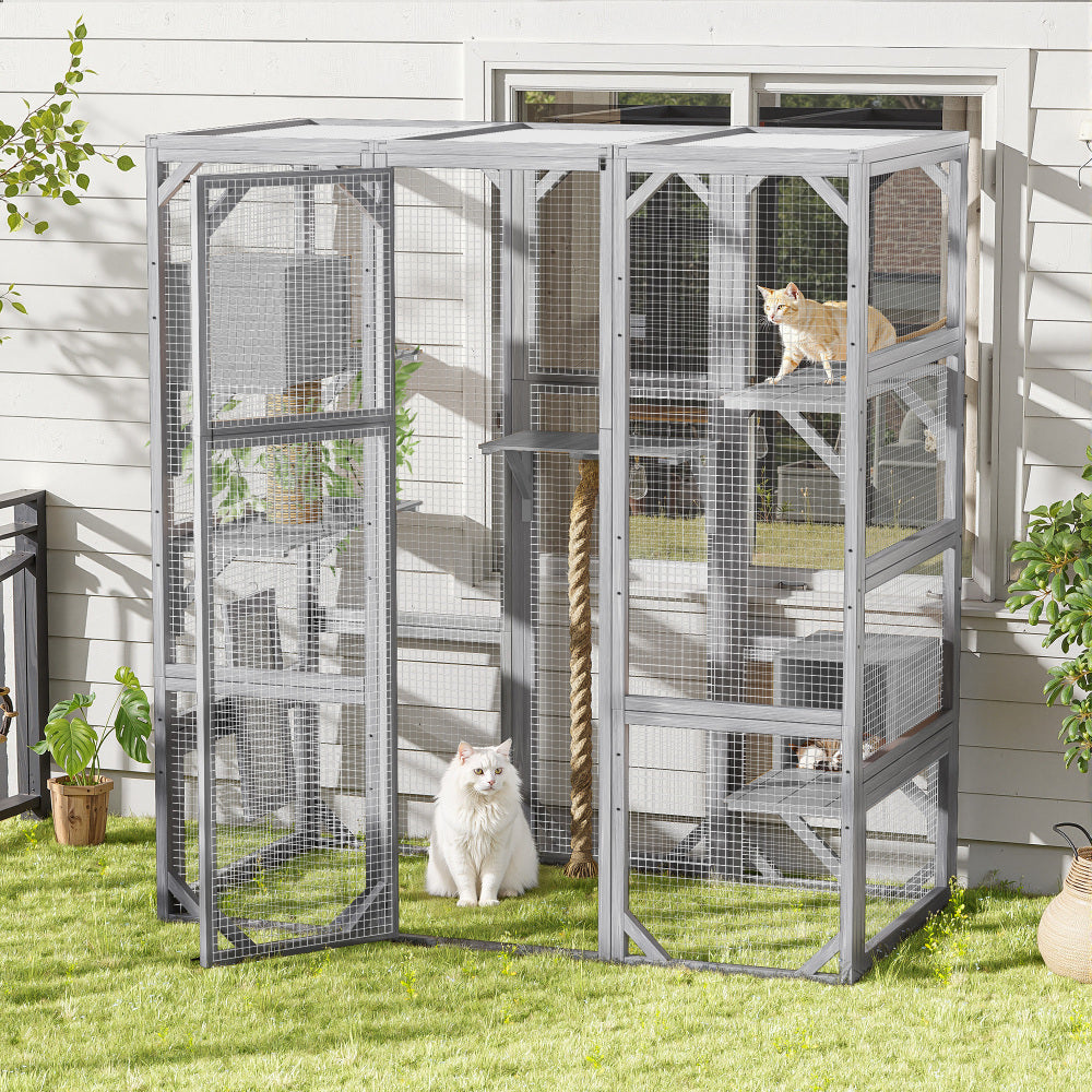 Outdoor Cat House, DIY Cat Enclosure, Cat Catio with Double Enter Doors, 62.8"L x 32.2"W x68.5"H Balcony Cat Playpen with Platforms and Two Condos for 1-3 Cats, Light Grey