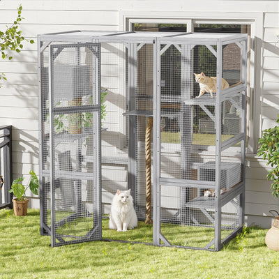 Outdoor Cat House, DIY Cat Enclosure, Cat Catio with Double Enter Doors, 62.8"L x 32.2"W x68.5"H Balcony Cat Playpen with Platforms and Two Condos for 1-3 Cats, Light Grey