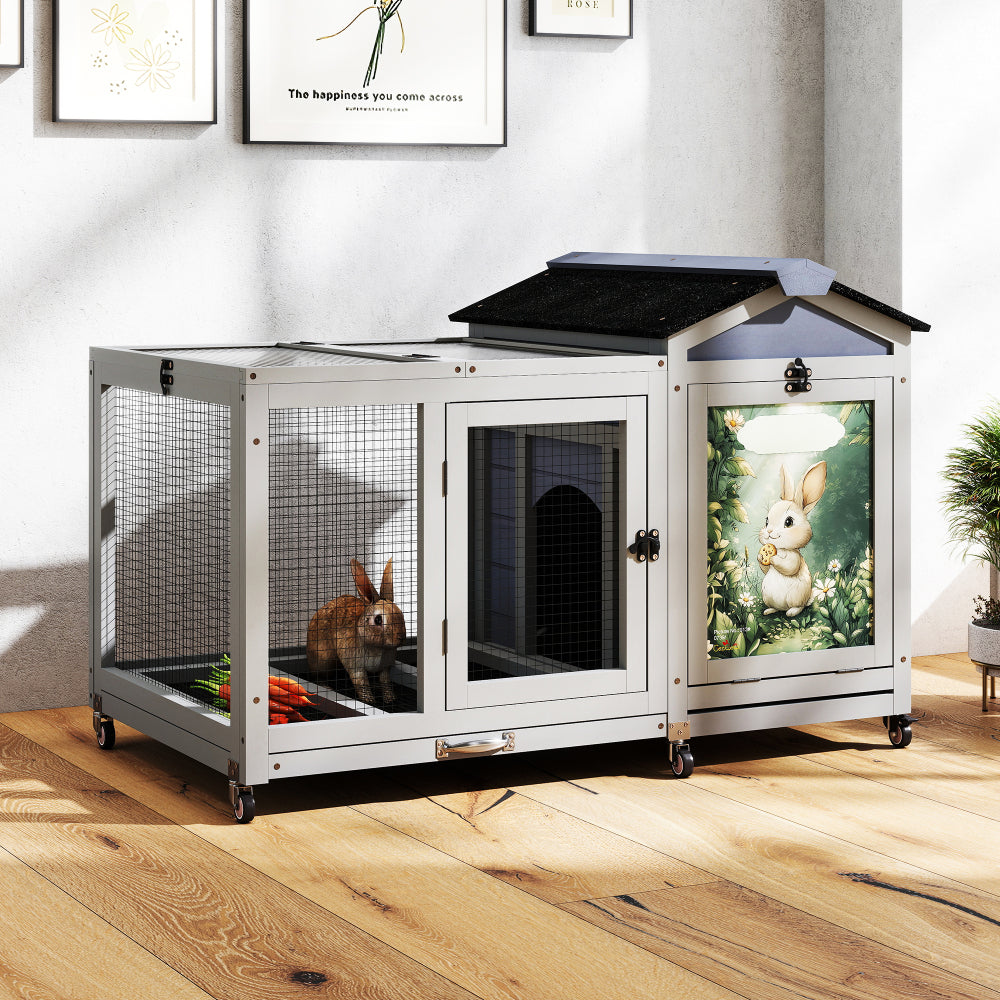 Wooden Rabbit Hutch, Indoor & Outdoor Small Animal House with Casters, Weatherproof Roof, Removable Tray, Bunny Cage Pet House for Rabbits, Ducks, Squirrels, and Guinea Pigs, Grey with Colorful Patter