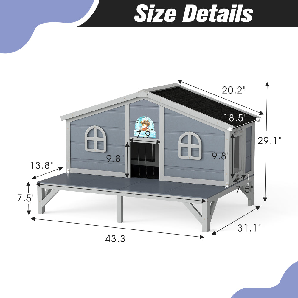 All Weather Wooden Cat House, Indoor Outdoor Cat Enclosure with Play Pen, Cozy Fringe Curtains, Lockable Doors for Kittens and Large Cats, Gray