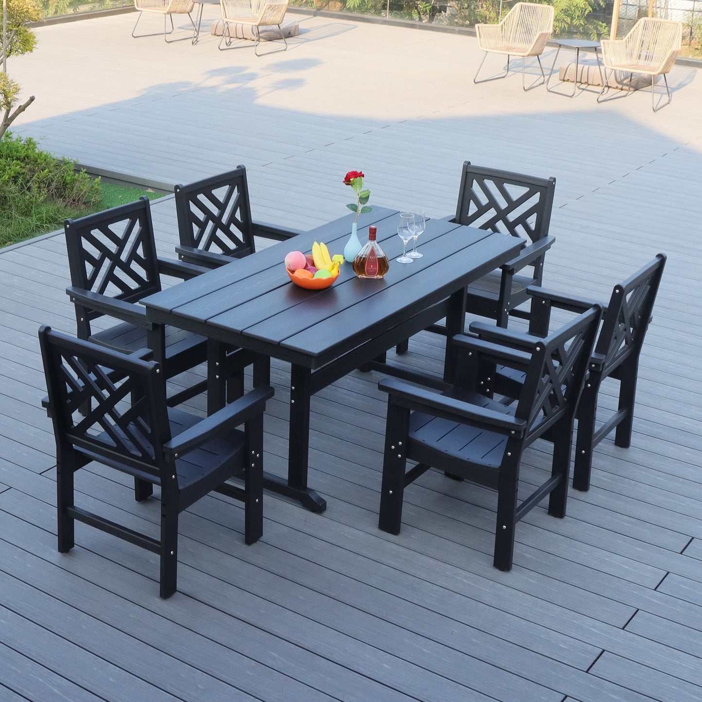 7 Piece HDPE Patio Outdoor Furniture Set for 6, Dining Table and Chairs,Outdoor Table with Umbrella Hole, Outdoor Dining Set for Garden, Backyard, Lawn, and Poolside(black)