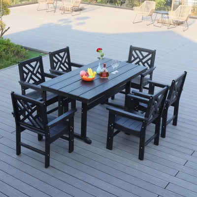 7 Piece HDPE Patio Outdoor Furniture Set for 6, Dining Table and Chairs,Outdoor Table with Umbrella Hole, Outdoor Dining Set for Garden, Backyard, Lawn, and Poolside(black)