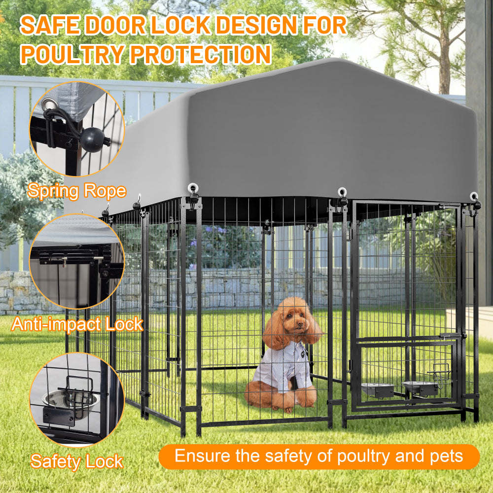 Dog Kennel Outdoor with Roof, 4.23'x7.81'x4.83' Welded Wire Enclosure, Heavy Duty Dog Crate with UV-Resistant Waterproof Cover, Double Lock & Rotating Feeder for Medium/Large Dogs