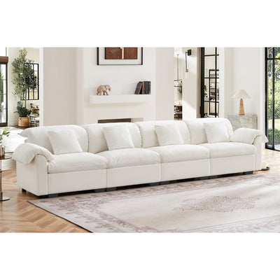 Extra Large and Long 4 Seater Modern Velvet Sofa, Oversize Sofa, Cloud Like Comfortable Couch with Comfy Seat and Back Support,4-Seat Couch Storage Function Under Each Seat and Storage ,White