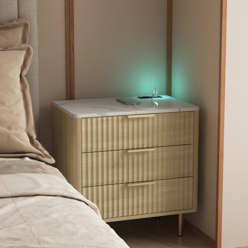 SunJet Nightstand with Charging Station, Smart Nightstand with Night Light, Modern Night Stand with Bookshelf, Bedside Tables with Storage Cabinet for Bedroom, Wood