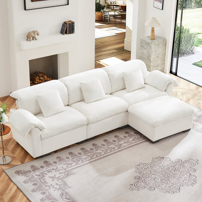 L Shaped Sectional Sofa With Storage Seats and Storage Ottoman, Modern Velvet 3 -Seat Sofa With Reversible Ottoman, Soft Cushion Fluffy Armrest Couch for Living Room ,White