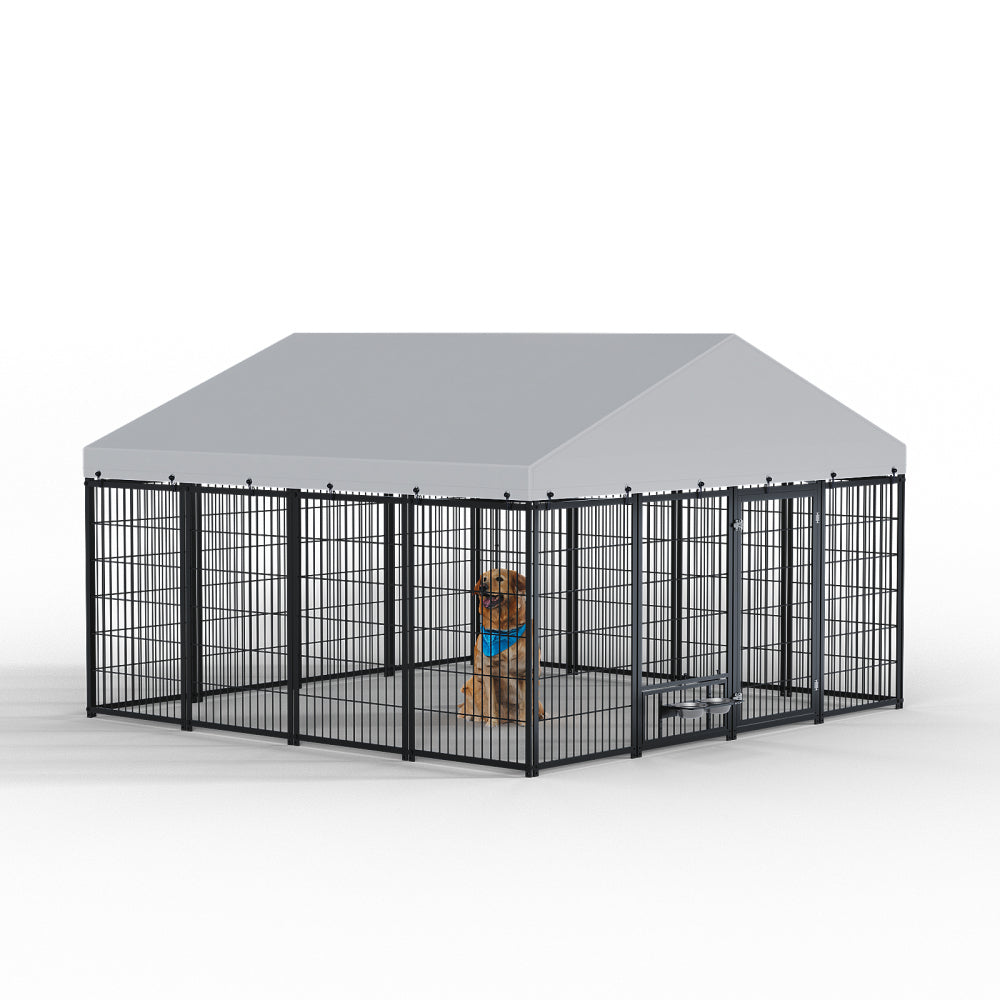 10 x 10-FT heavy-duty outdoor dog kennel with feeding bowl, full coverage waterproof roof, easy-to-assemble wire mesh fence with secure lock.