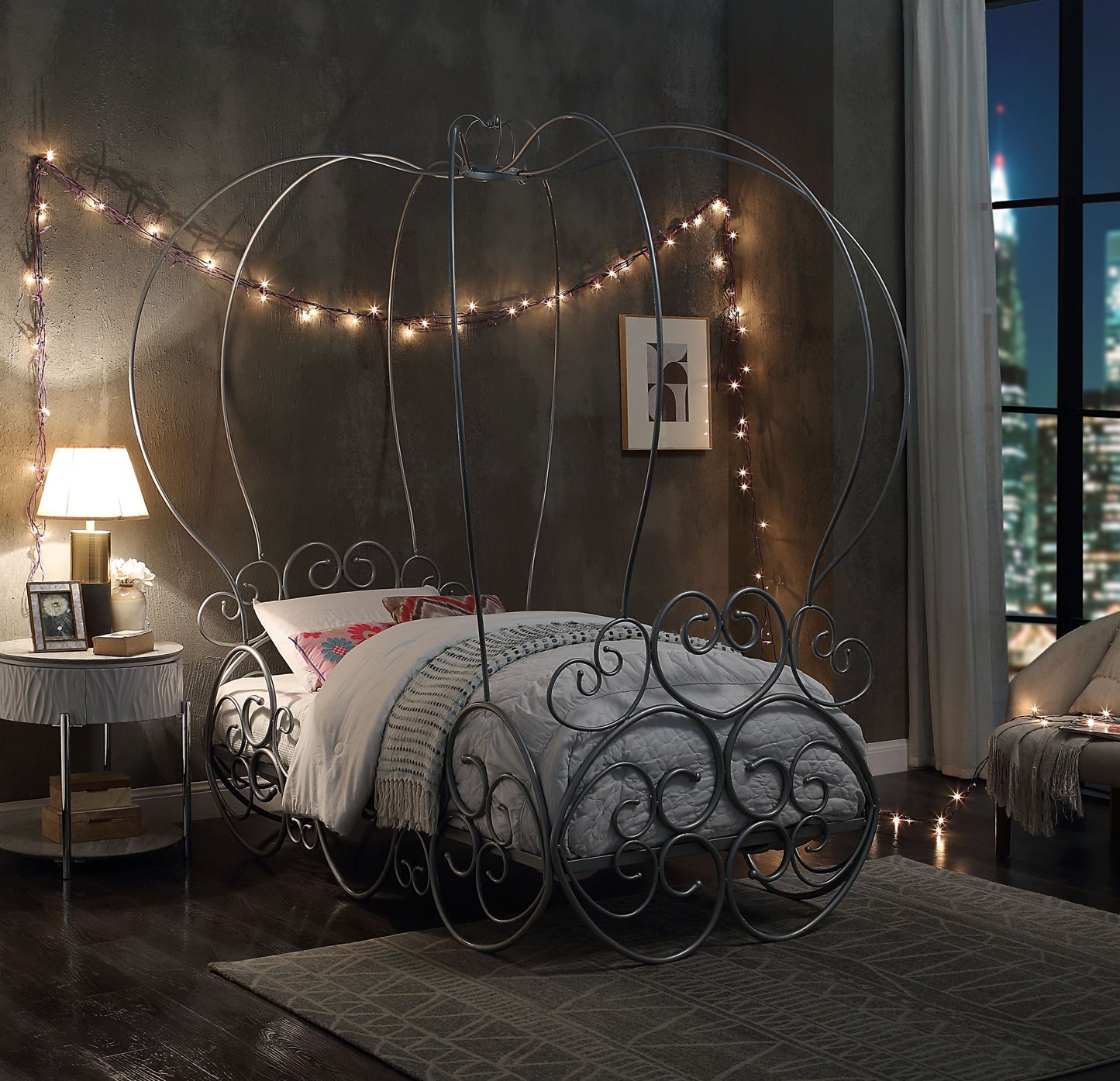 Priya  Silver Finish Twin Bed W/Canopy