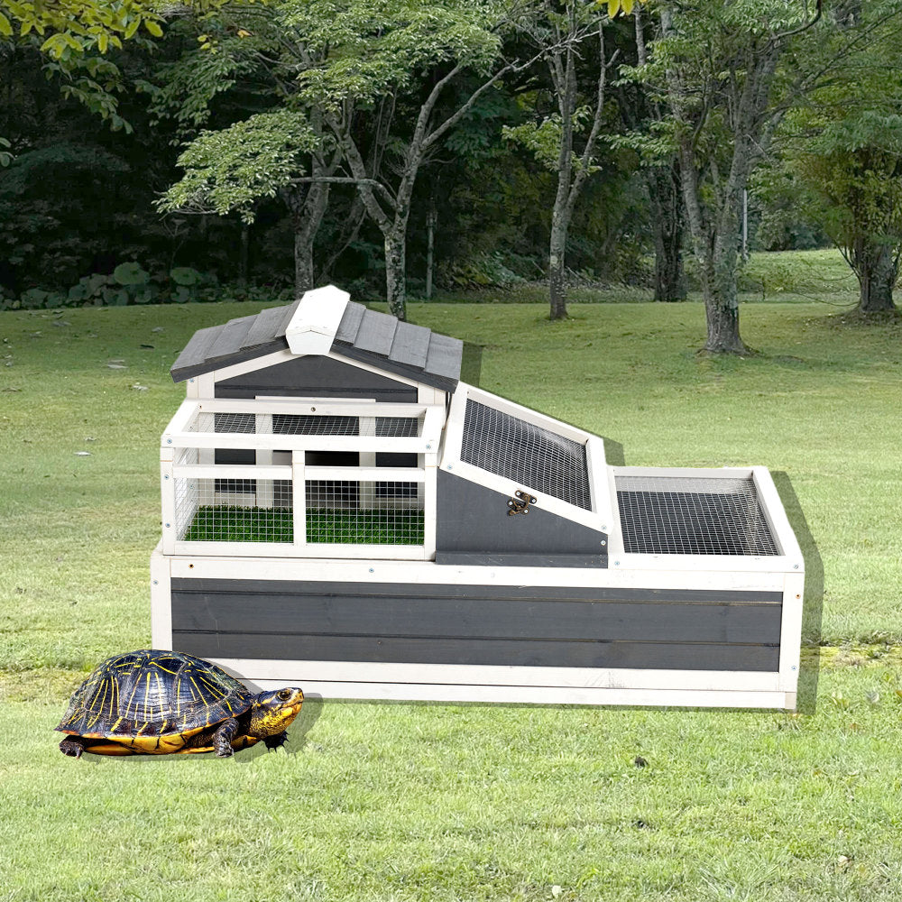 3-Room Tortoise House Habitat with Turf Balcony & 2 Stories, Indoor/Outdoor Wooden Tortoise Enclosure with Ladder, Tray, Openable Roof, Large Reptile Cage
