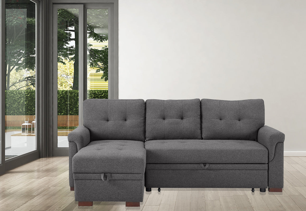 Destiny 84' Dark Gray Linen Reversible Sleeper Sectional Sofa with Storage Chaise