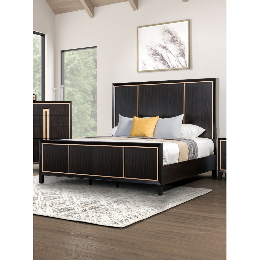 SunJet Modern Espresso Bedside Table Bedroom Furniture 1pc Nightstand Gold Accent Trim Wooden Finger Pull