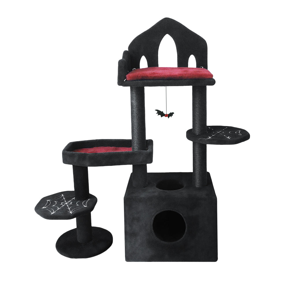 Black Gothic Cat Tree, Multi-Level Spooky Cat Tree with Scratching Posts, Perches, Hammock, and Cat Cave - Black Cat Tower for Indoor Cats with Interactive Toy, Perfect for Multiple Cats 44.5in