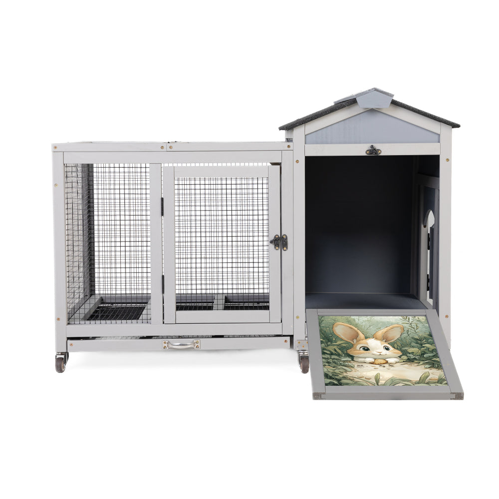 Wooden Rabbit Hutch, Indoor & Outdoor Small Animal House with Casters, Weatherproof Roof, Removable Tray, Bunny Cage Pet House for Rabbits, Ducks, Squirrels, and Guinea Pigs, Grey with Colorful Patter