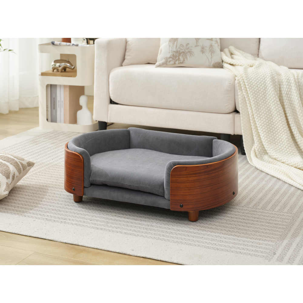 Scandinavian style Elevated Dog Bed Pet Sofa With Solid Wood legs and Walnut Bent Wood Back, Dark Grey Velvet,Mid Size