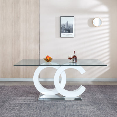 Tempered Glass Dining Table with White MDF Middle Support and Stainless Steel Base for Modern Design