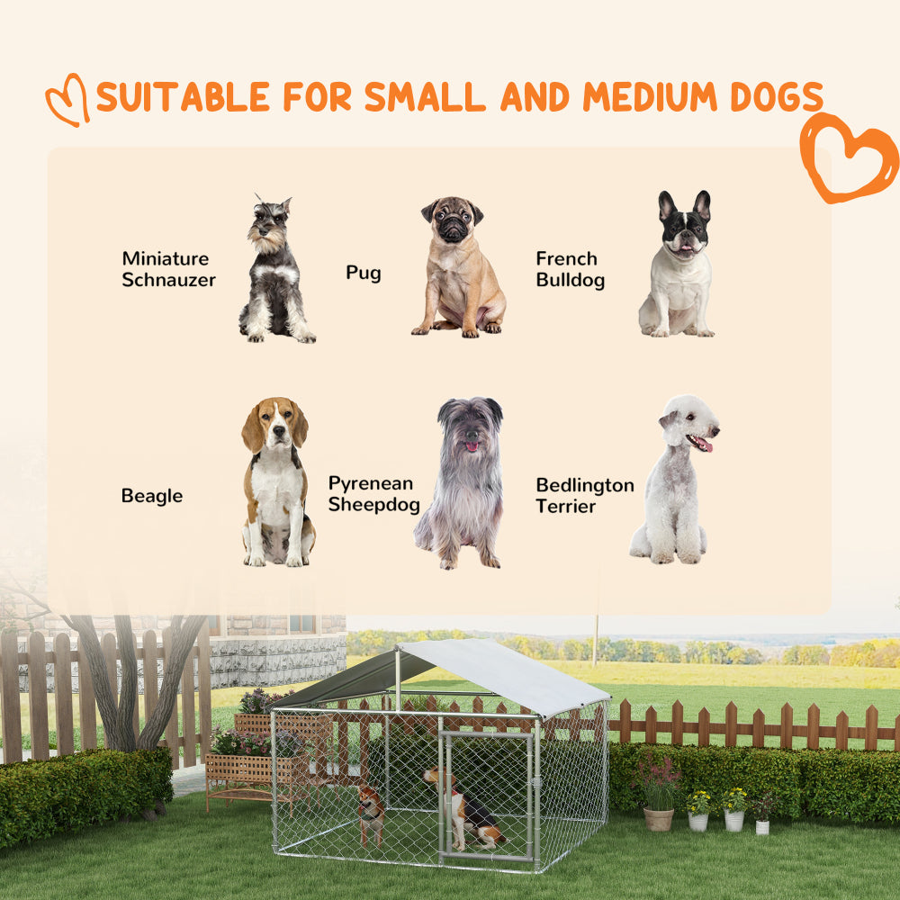 PawHut Large Dog Kennel Outside, Heavy Duty Dog Cage with Waterproof Cover, Outdoor Fence Dog Run with Galvanized Chain Link, Secure Lock, 6.6' x 6.6' x 4.9'