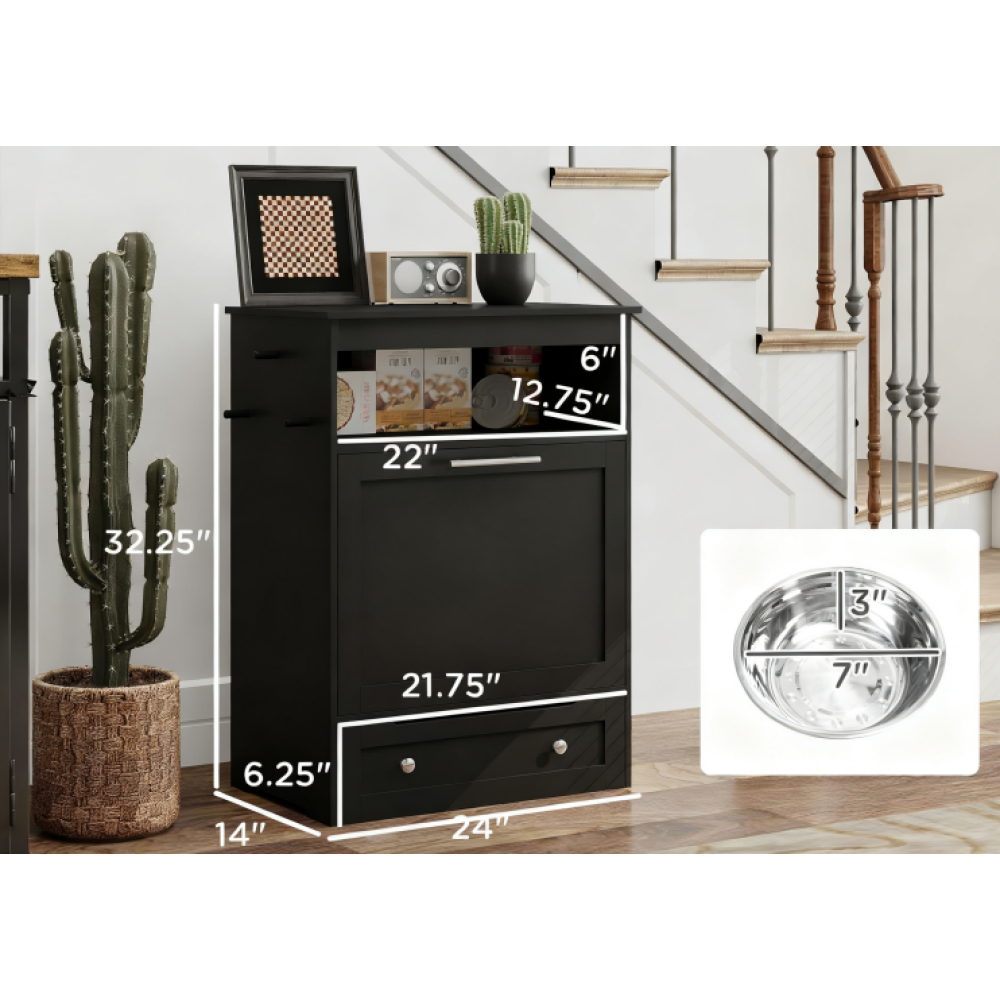 Pet Feeder Station Storage Cabinet, with Dog Raised Bowls, Black