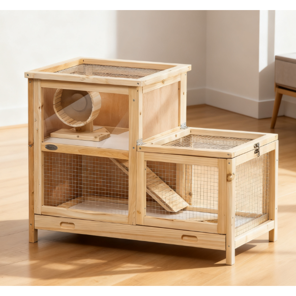 2-Tier Wooden Hamster Cage, Small Animals Hutch,Natural