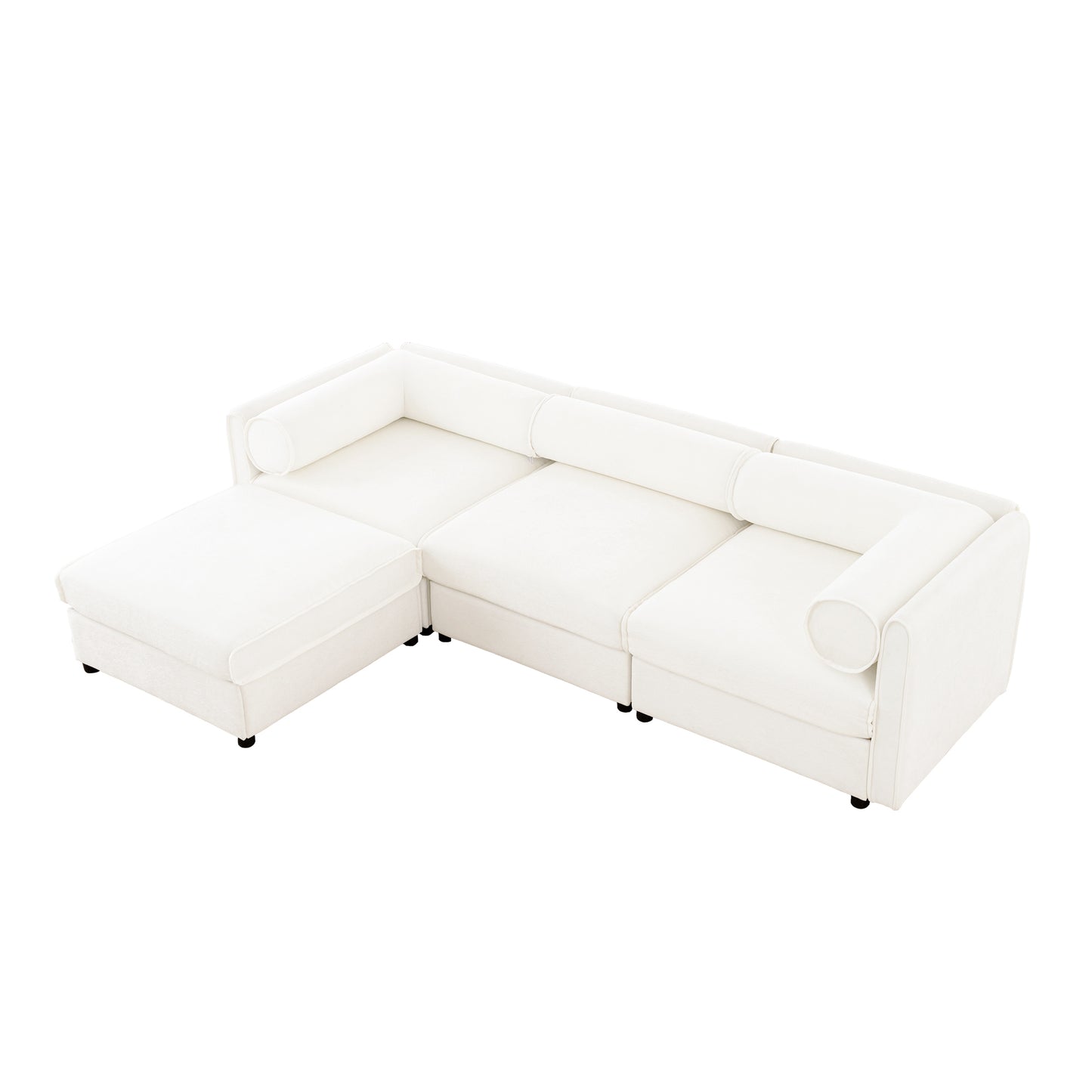 Contemporary White Chenille L-Shaped Sofa with Storage and Ottoman, 3-Seater Cylindrical Backrest