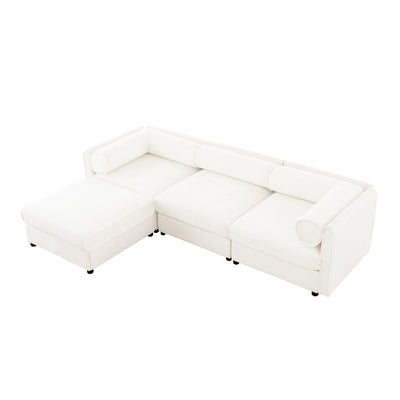Contemporary White Chenille L-Shaped Sofa with Storage and Ottoman, 3-Seater Cylindrical Backrest
