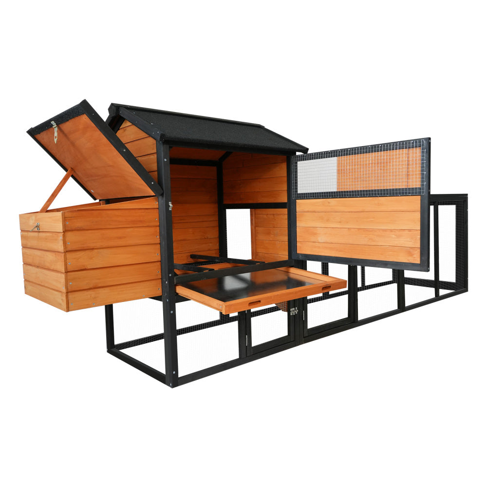 large main house,brown+black Wooden Chicken Coop, Large Outdoor Hen House with Run and Nesting Box Poultry Cage, Rabbit Hutch, Waterproof Anti-UV Panel for Backyard