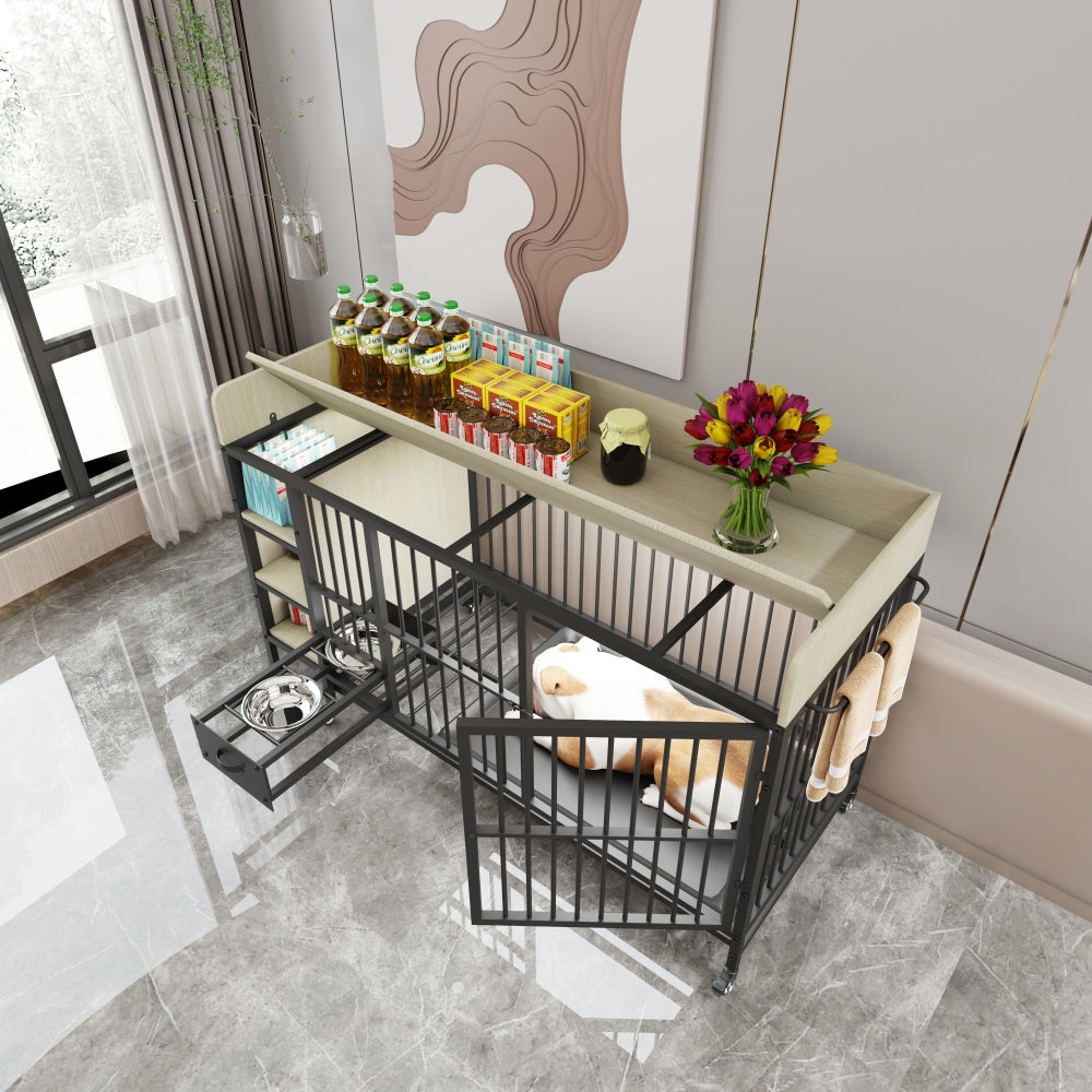 Large pet cage with storage rack, drawers with stainless steel food and water basin, made of iron frame and MDF material, sturdy, exquisite, and practical (black+beige)