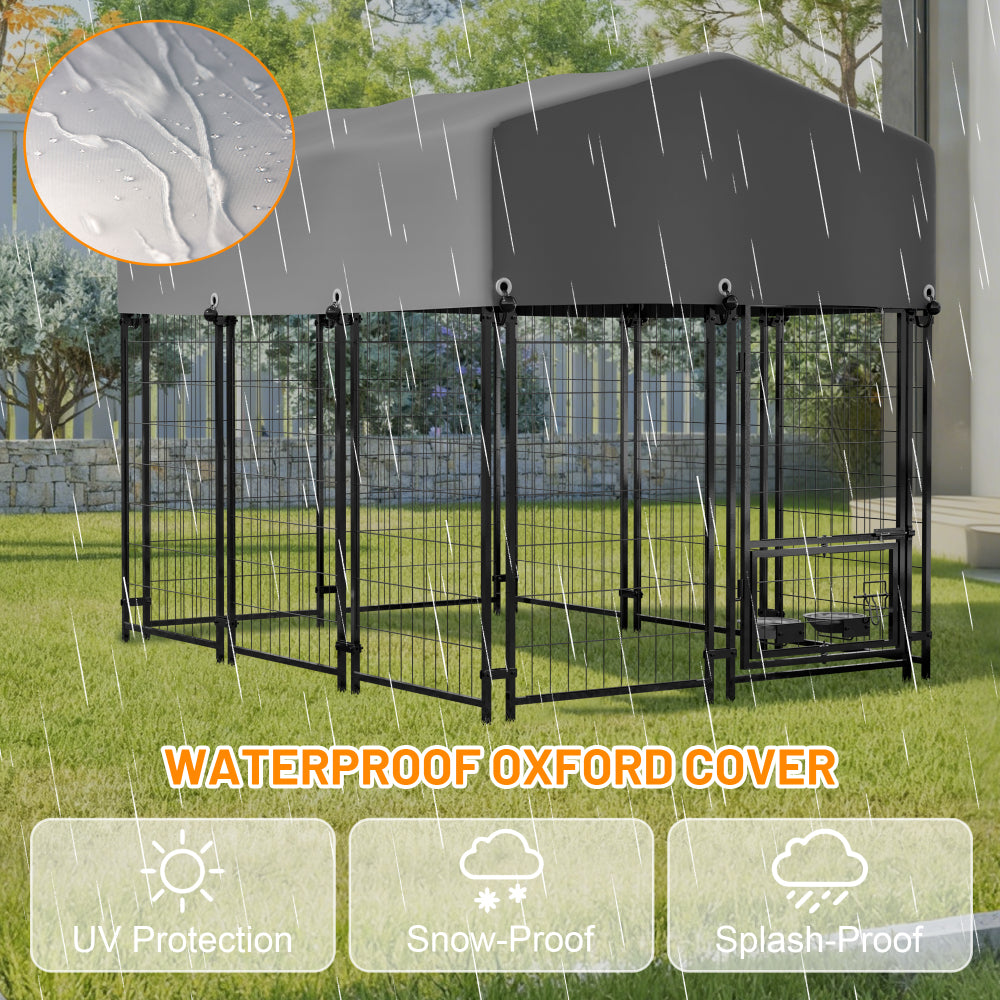 Dog Kennel Outdoor with Roof, 4.23'x5.82'x4.83' Welded Wire Enclosure, Heavy Duty Dog Crate with UV-Resistant Waterproof Cover, Double Lock & Rotating Feeder