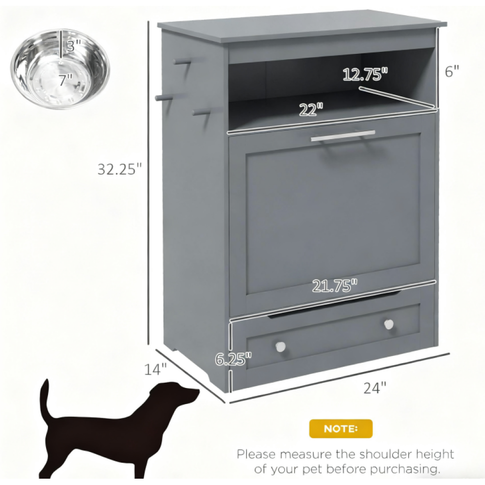 Pet Feeder Station Storage Cabinet, with Dog Raised Bowls, Gray