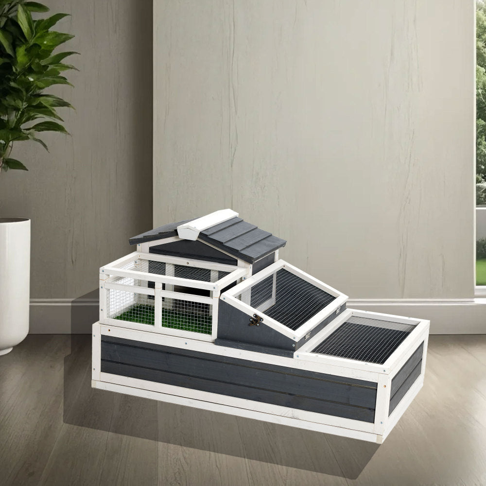 3-Room Tortoise House Habitat with Turf Balcony & 2 Stories, Indoor/Outdoor Wooden Tortoise Enclosure with Ladder, Tray, Openable Roof, Large Reptile Cage