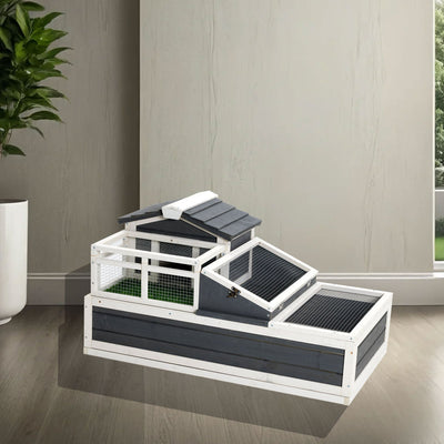 3-Room Tortoise House Habitat with Turf Balcony & 2 Stories, Indoor/Outdoor Wooden Tortoise Enclosure with Ladder, Tray, Openable Roof, Large Reptile Cage