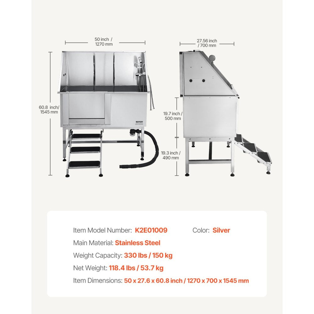 50 Inch Dog Grooming Bath Tub Stainless Steel w Stairs Water Filter Left