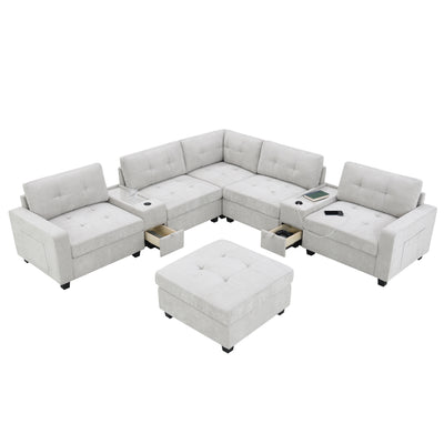 Chenille U Shaped Sectional Sofa with Acrylic Table Top, USB Charger, Storage Drawers, Pockets and Movable Ottoman