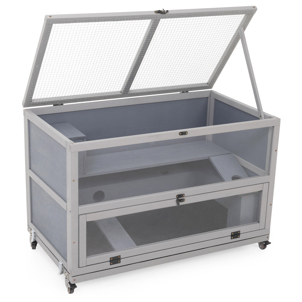 Wooden Hamster Cage, Gerbil Cage Enclosure with Tunnels, Detachable Tray, Wheels, Openable Top & Front, Small Animal Hutch for Mice, Rat, Gray