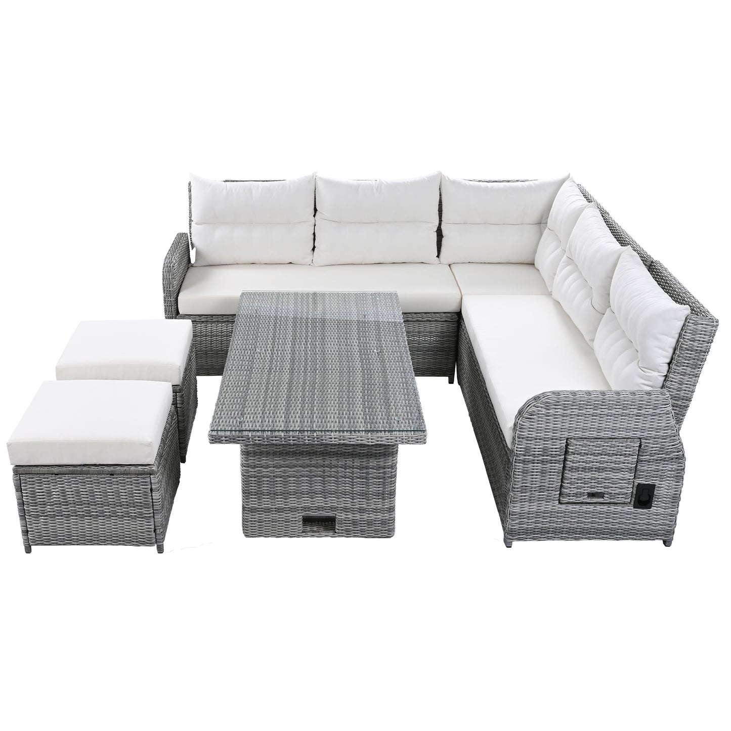 Beige Outdoor Patio Rattan Furniture Set with Adjustable Table, Recliners, Side Tables, and Ottomans