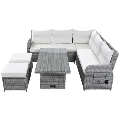 Beige Outdoor Patio Rattan Furniture Set with Adjustable Table, Recliners, Side Tables, and Ottomans