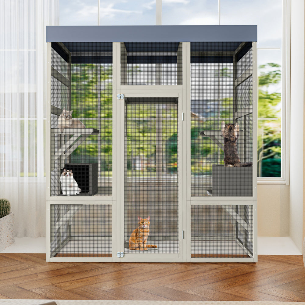 62.6" Gray Wooden Catio Outdoor Pet Enclosure with Waterproof Top, Spacious and Secure Cat House & Small Animal Cage, Black Rust-proof Metal Wire