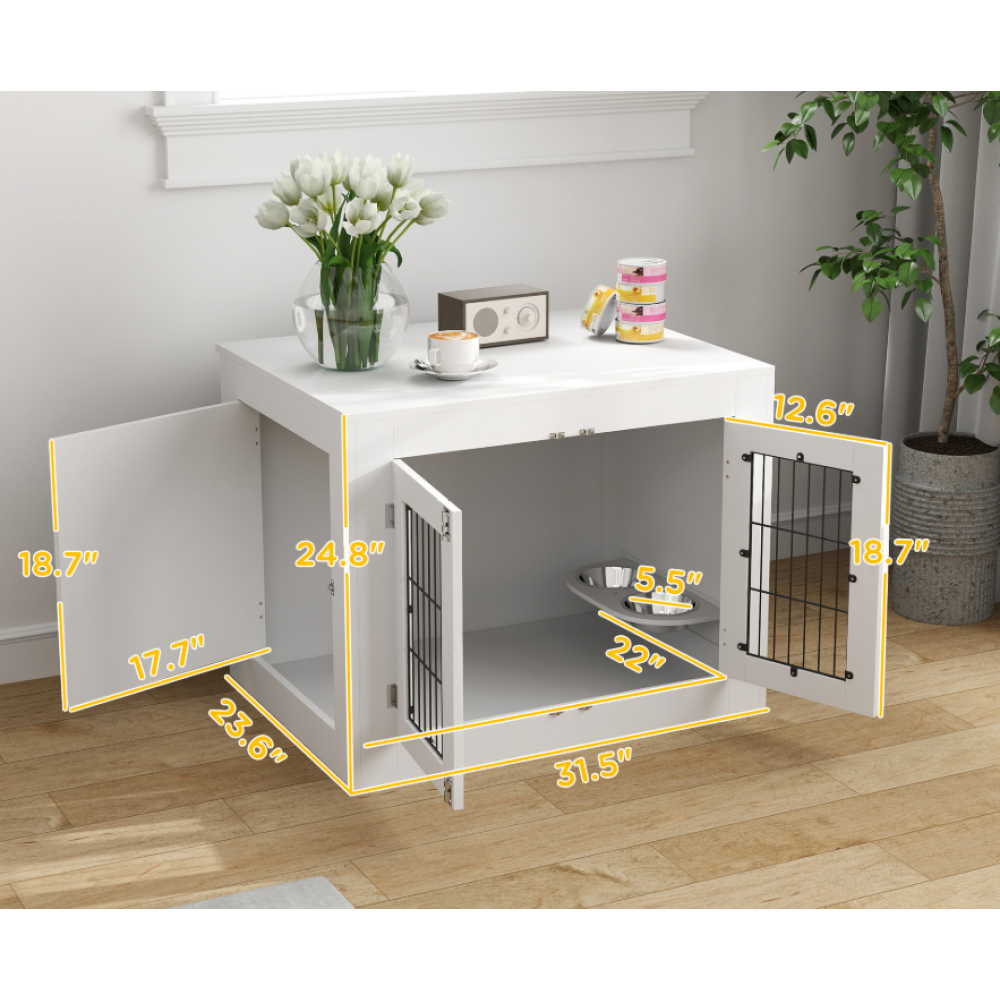 Dog Crate Furniture with 360° Rotatable Removable Dog Bowls, White