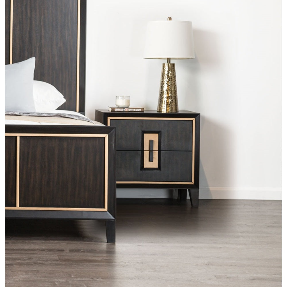 SunJet Modern Espresso Bedside Table Bedroom Furniture 1pc Nightstand Gold Accent Trim Wooden Finger Pull