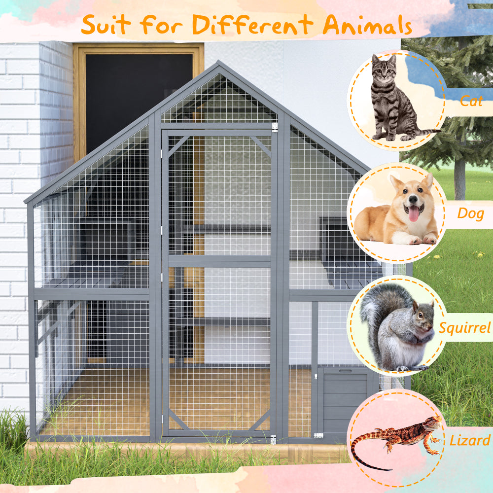Premium Cat Run Large Outdoor Enclosure, Wooden Catio Kitty Mansion with Suspension Bridges, Strolling Paths, Cozy Cabins, Protective Roof Cover, 82 Inch Expanse