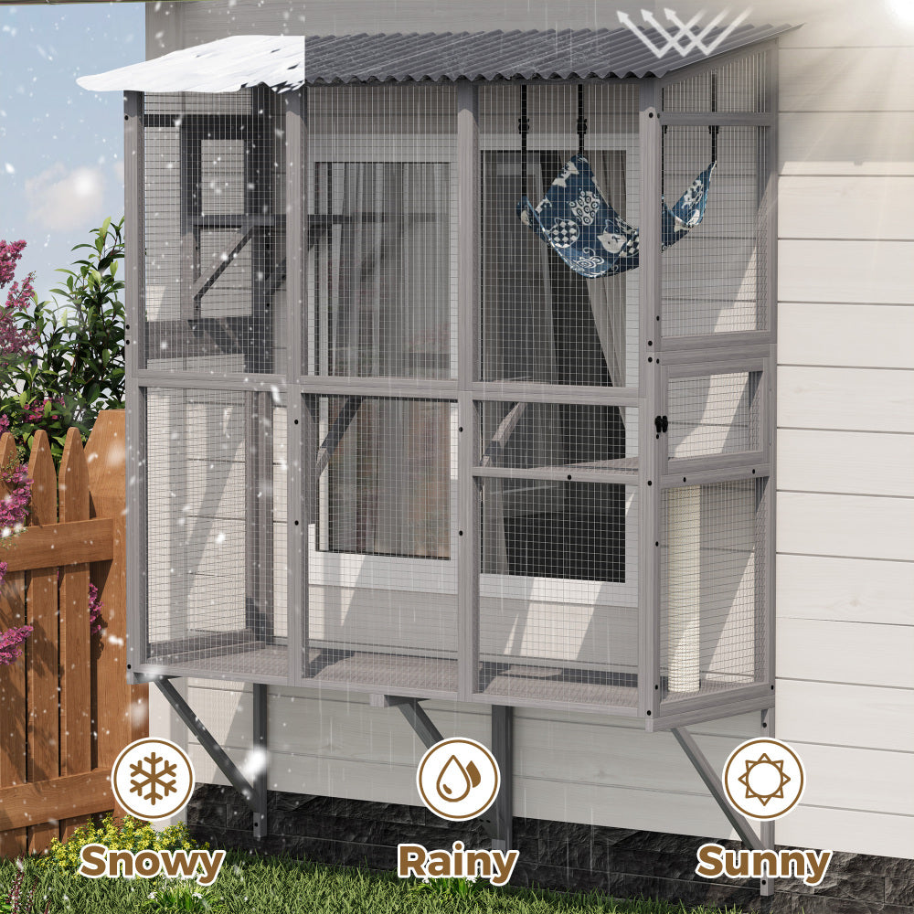 Large Cat Catio – Expandable Window Box Enclosure for Multiple Indoor Cats, Cat Perch House with 3 platforms,1 hammock and 3 doors, All-Weather Use