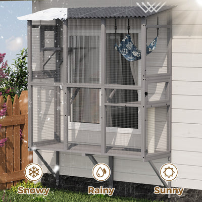 Large Cat Catio – Expandable Window Box Enclosure for Multiple Indoor Cats, Cat Perch House with 3 platforms,1 hammock and 3 doors, All-Weather Use